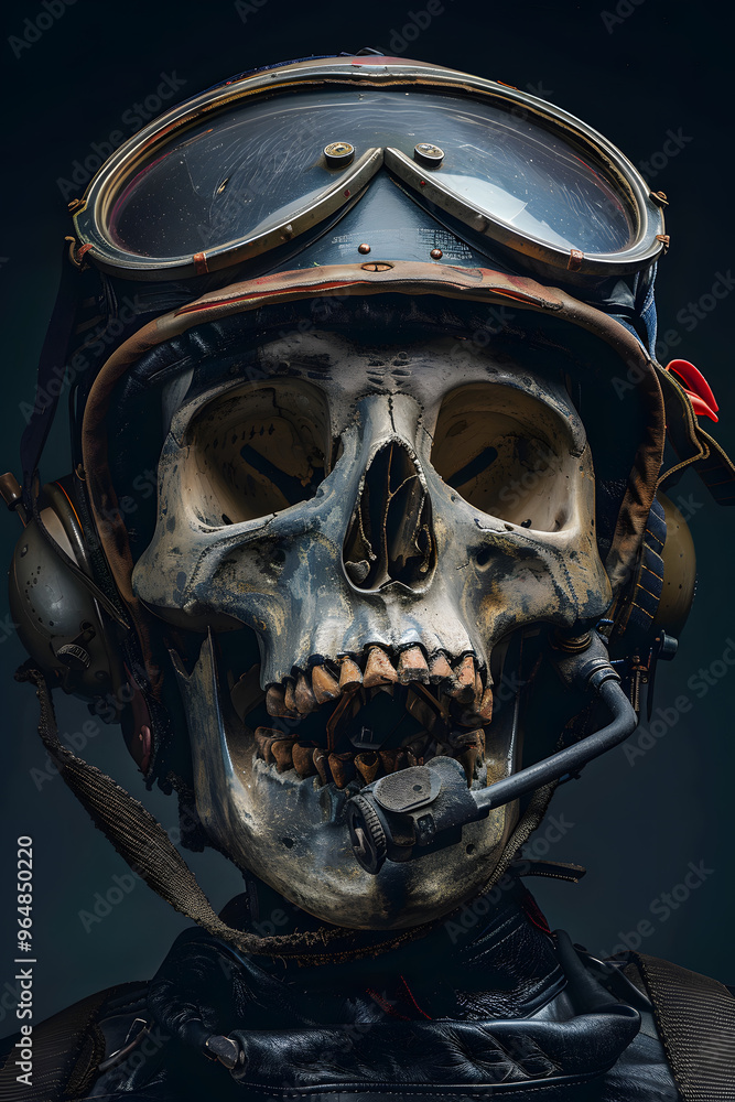 Poster pilot's cranium filled with navigation instruments and cockpit environment