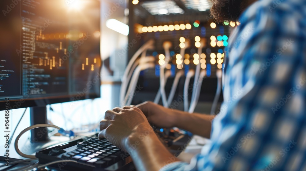 Poster close up of a programmer working in a server room