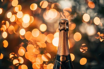 A bottle of champagne stands prominently, with its cork poised for celebration. The warm glow of bokeh lights creates a joyful atmosphere for the evening event.
