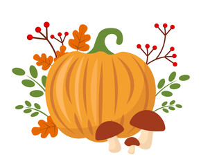 Autumn still life on a white background. Pumpkin, mushrooms and leaves
