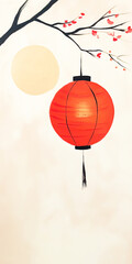 Obraz premium Simple Red Lantern on a Branch with Soft Moonlight – Minimalist Vertical Mid Autumn Festival Art 