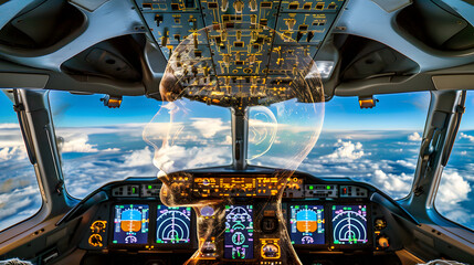 Pilot's cranium filled with navigation instruments and cockpit environment 