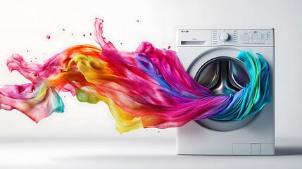 A realistic washing machine with a burst of multicolored fabrics streaming out from the open door, isolated on a white background. 
