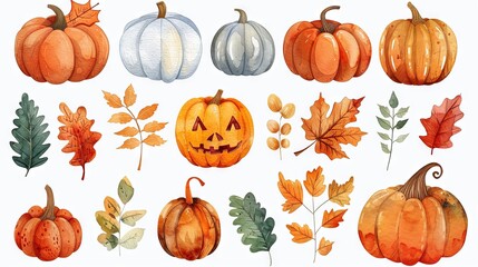 watercolor set of autumn leaves and pumpkins