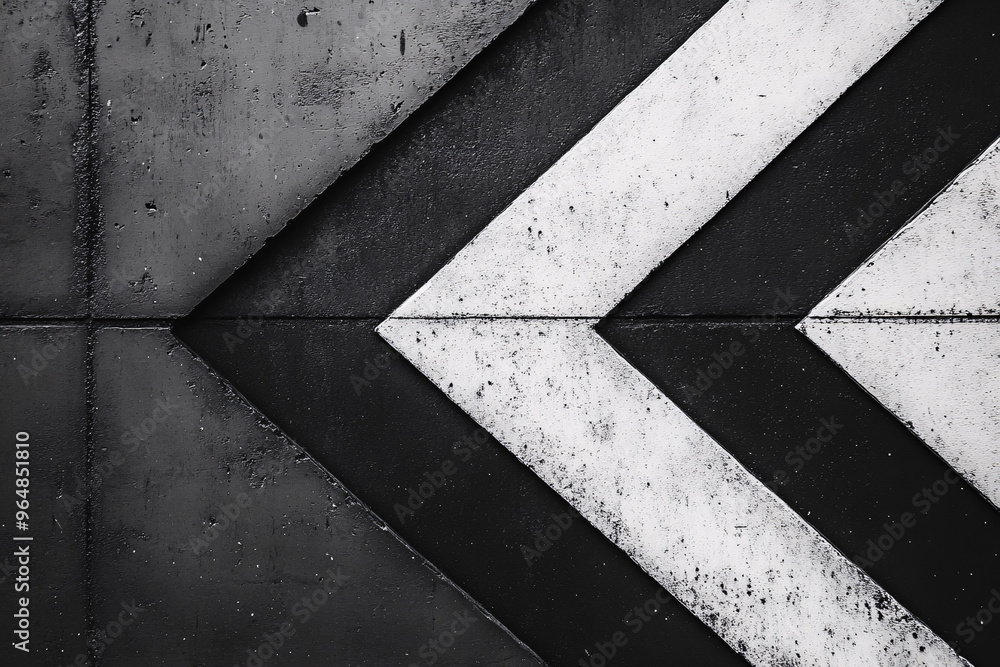 Poster large white chevrons point to the right on a dark concrete wall, reflected on a glossy wet surface, 