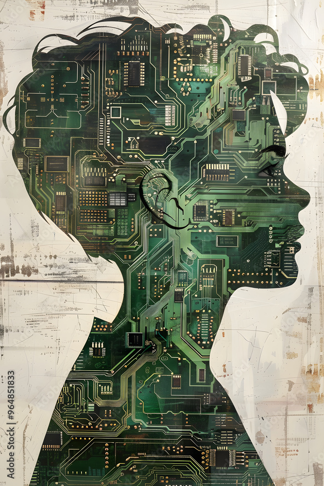 Poster programmer's profile made of circuit boards and digital landscape backdrop
