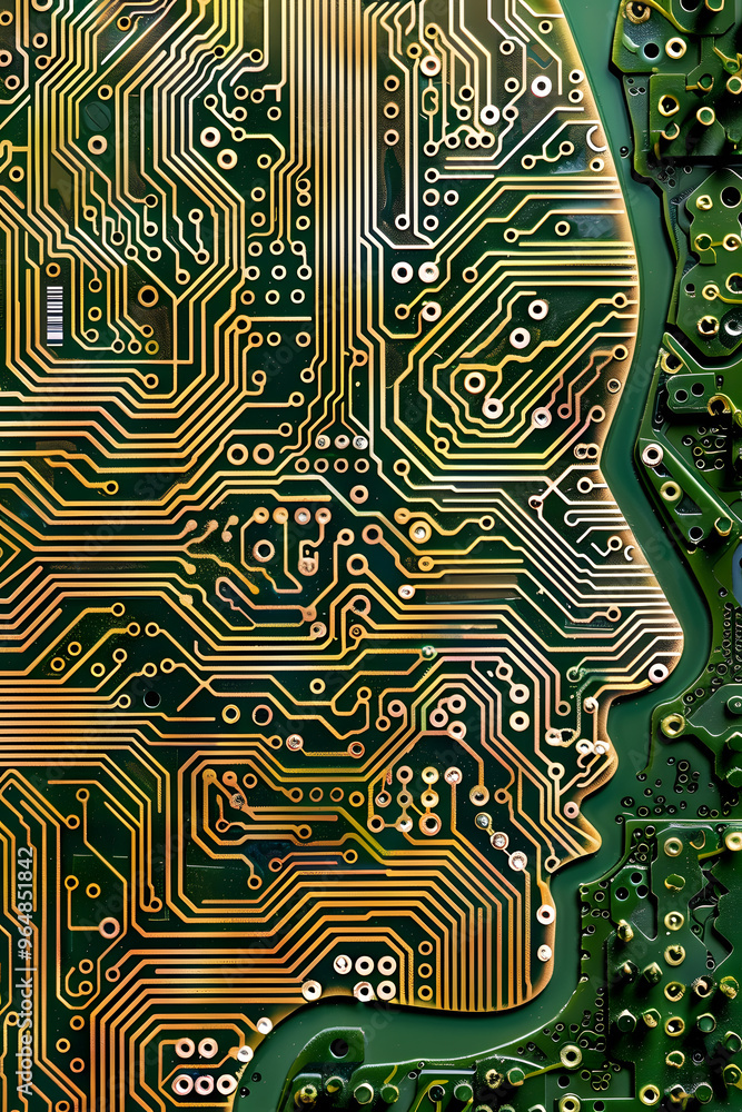 Poster programmer's profile made of circuit boards and digital landscape backdrop