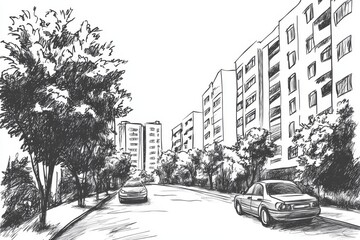 Black and white pen and ink sketch depicting a street view of a city on a summer day