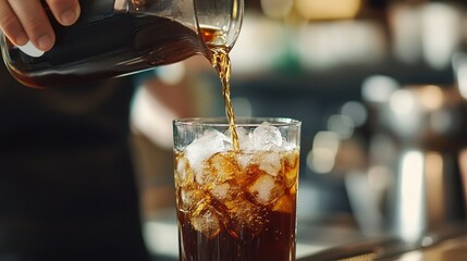A barista pouring cold brew coffee into a glass with ice, creating a refreshing summer drink in a vibrant cafe.