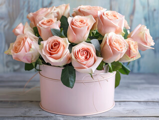 A bouquet of pale pink roses arranged in a soft pink container on a rustic wooden table, perfect for any occasion