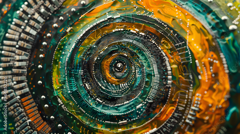 Poster psychedelic mandala artwork spiraling into complex integrated circuits and sacred geometry blending 