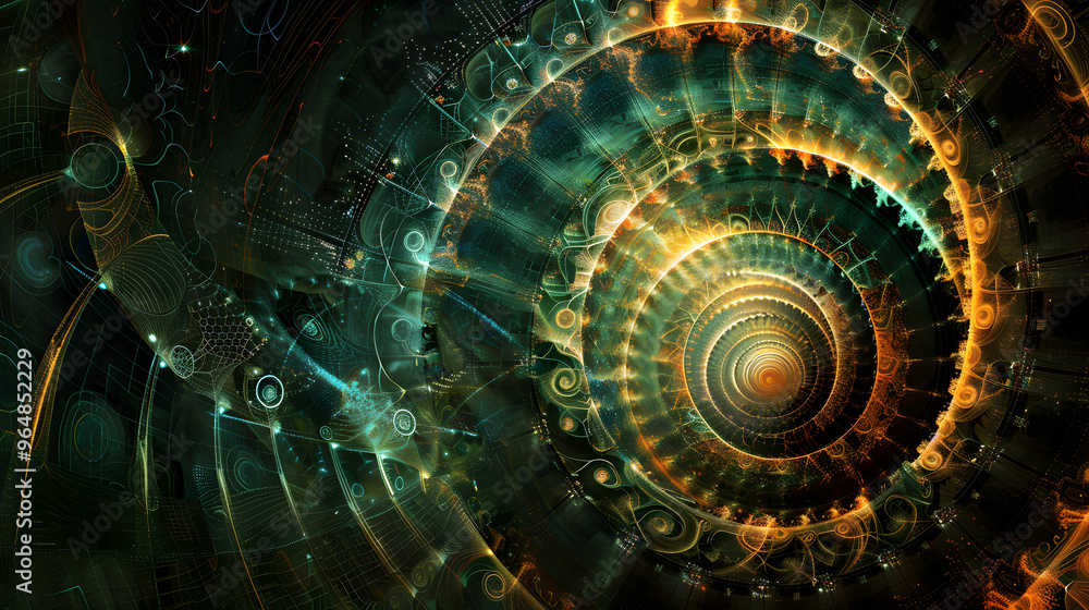 Poster psychedelic mandala artwork spiraling into complex integrated circuits and sacred geometry blending 