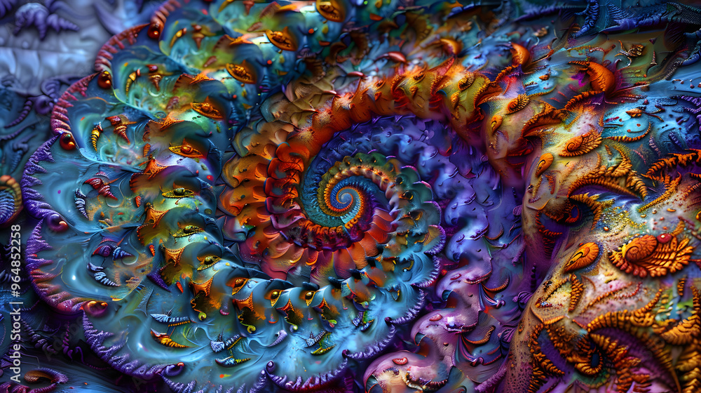 Poster psychedelic mandala artwork spiraling into complex integrated circuits and sacred geometry blending 