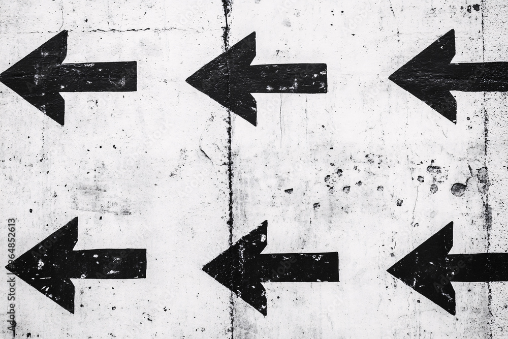 Poster black arrows on a white grungy textured background pointing to the left, showing direction and movem