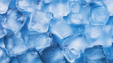 Full screen blue ice cube crystals with selective focus. Frozen water in block form. Illustration for cover, card, postcard, interior design, advertising, marketing or presentation.