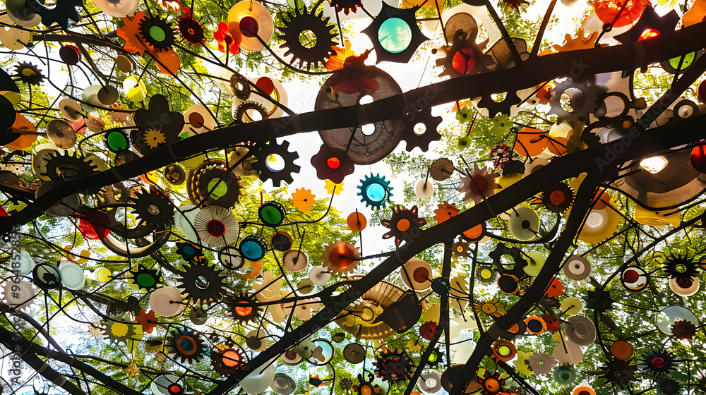 Poster rainforest canopy view with leaves shaped like gears and cogs and colorful birds made of upcycled ma