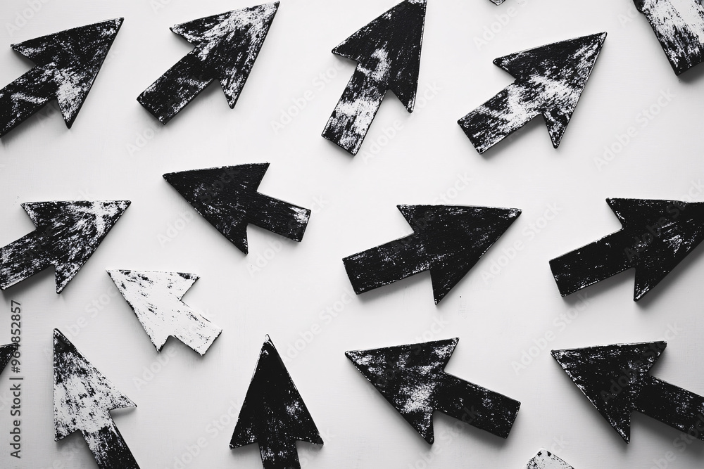 Aufkleber multiple black and white abstract arrows pointing in different directions on a white background, sym