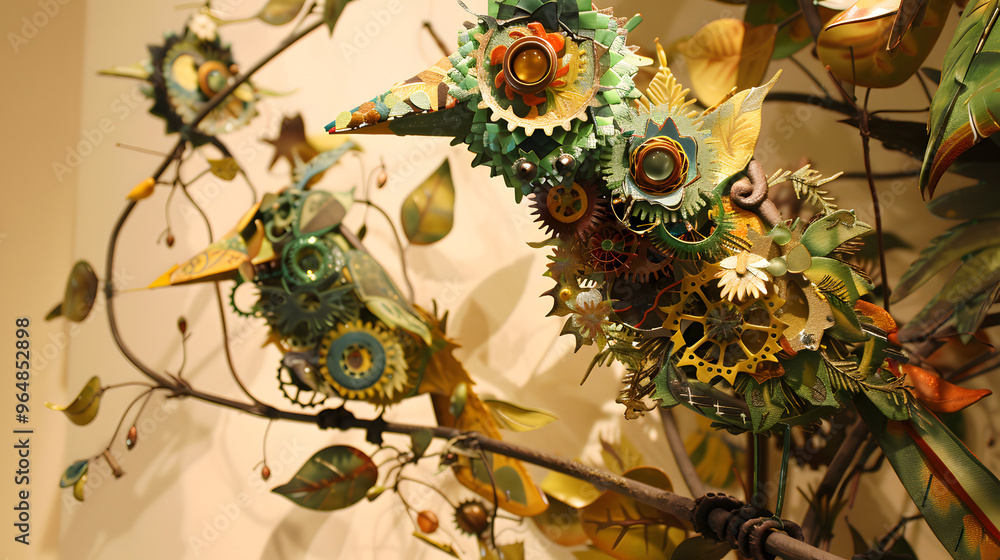 Poster rainforest canopy view with leaves shaped like gears and cogs and colorful birds made of upcycled ma