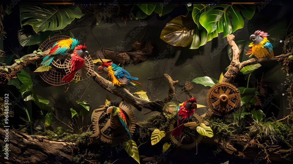 Poster rainforest canopy view with leaves shaped like gears and cogs and colorful birds made of upcycled ma
