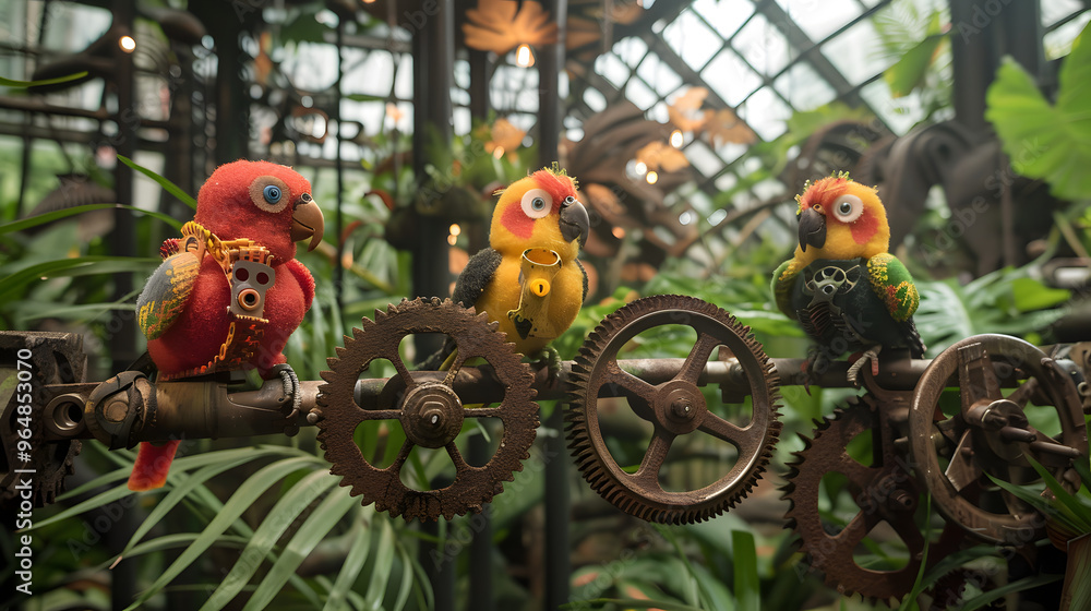 Poster rainforest canopy view with leaves shaped like gears and cogs and colorful birds made of upcycled ma