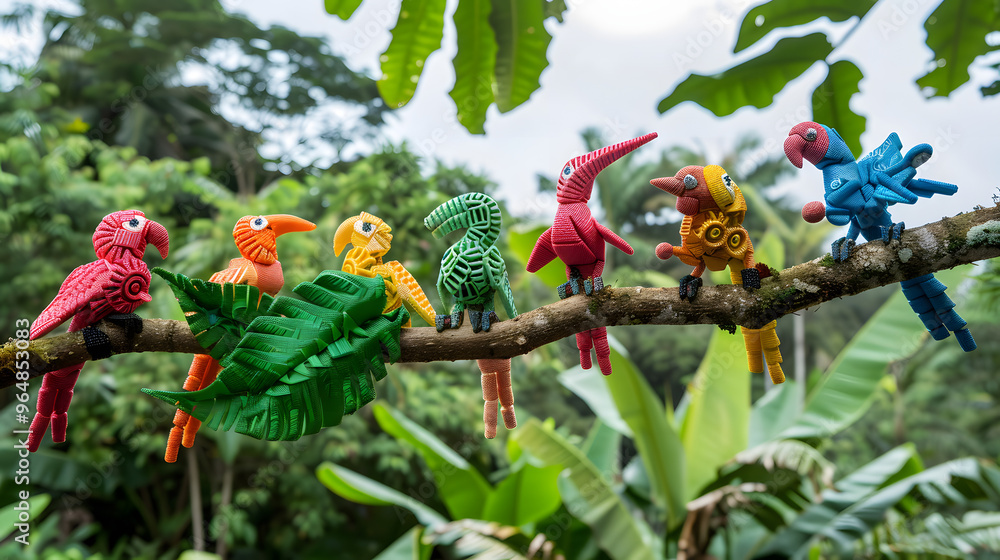 Poster rainforest canopy view with leaves shaped like gears and cogs and colorful birds made of upcycled ma