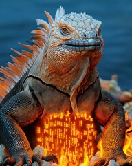 Obraz premium Artistic Digital Fantasy Image of a Futuristic Cyborg Iguana with Glowing Electronic Circuitry Patterns and Neon Light Effects