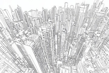 Sketch of a detailed 3D city architectural design in line art