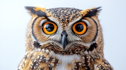 Obraz premium A close-up portrait of an owl with bright orange eyes staring directly at the camera.