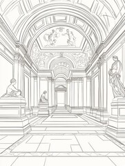 The interior of an art museum shows intricate details and intricate design elements in line art