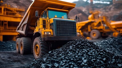 A giant mining truck tilting its bed to unload tons of coal into a processing area, with black coal spilling out and machinery working in the background. 