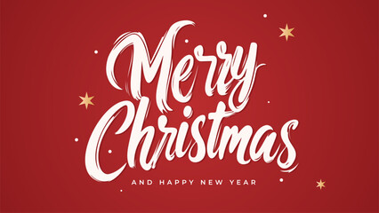 Festive greeting card design featuring Merry Christmas and Happy New Year on a vibrant red background with stars