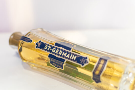 Bottle of France liqueur St-Germain Elderflower close-up on light background. Ukraine, Zhytomyr, September, 06, 2024