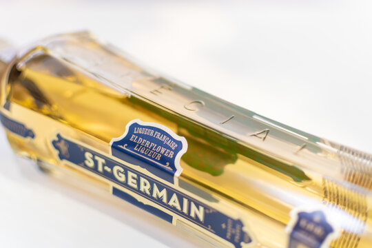 Bottle of France liqueur St-Germain Elderflower close-up on light background. Ukraine, Zhytomyr, September, 06, 2024