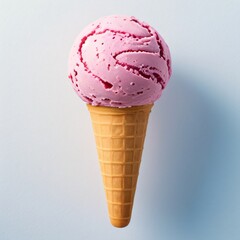 Pink soft serve ice cream in a cone on white background..