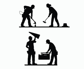 Obraz premium Vector silhouette of road workers or laborers construction illustration template