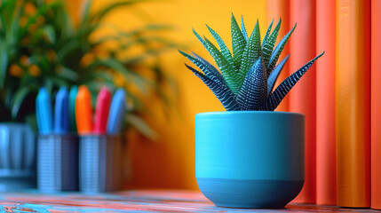 Desktop with houseplant in yellow pot, blue organiser with blue color pencil and a book. Home office concept.