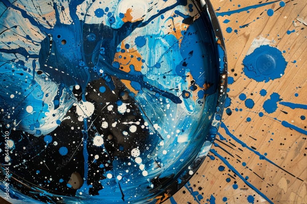 Poster a circular canvas features dynamic splashes of blue, white, and hints of orange paint, showcasing an