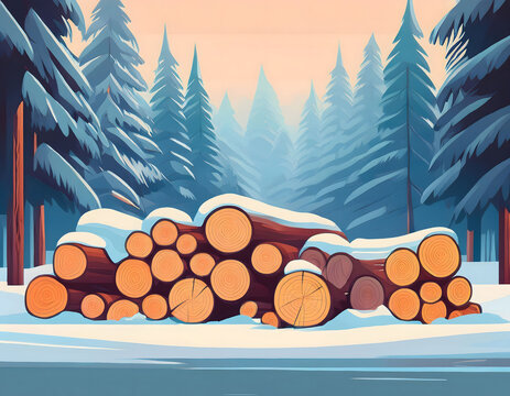 Snow-covered stacked tree trunks on the side of the way in the winter forest