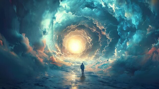Lonely figure in cloudy tunnel, concept of entrance to the afterlife