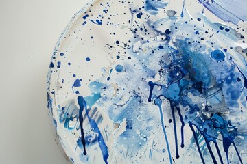 A vibrant abstract composition features various shades of blue splattered and dripped artfully across a round canvas, creating an energetic visual effect against a clean white backdrop.