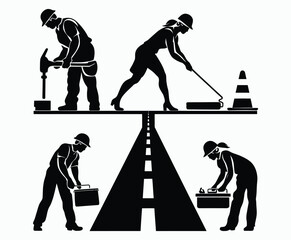 Vector silhouette of road workers or laborers construction illustration template