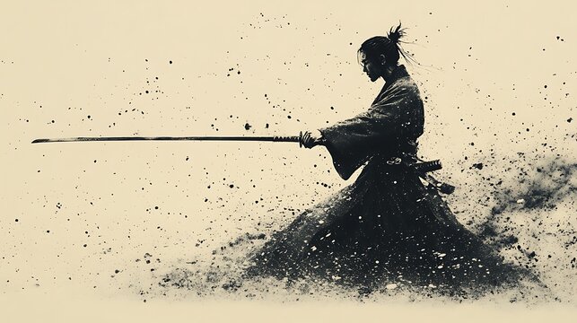 A silhouette of a samurai warrior in a fighting pose, holding a katana sword with dust and debris flying around him.