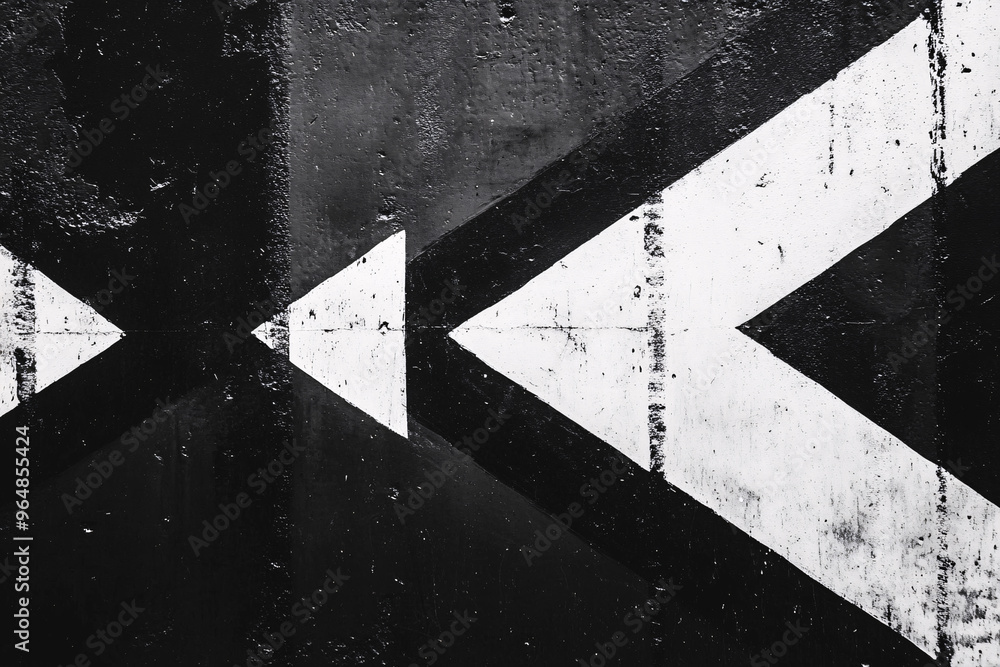 Poster bold, grungy pattern of white arrows pointing to the left on a dark textured background, symbolizing
