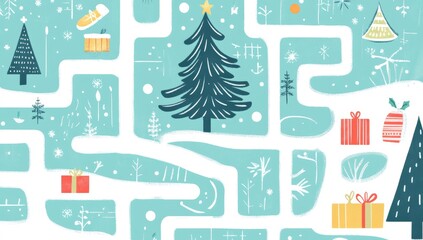 This abstract triangular maze illustration is designed for children. It is a fun, interactive puzzle where kids can find the correct path to a star. It's a flat design with a festive tree on a white