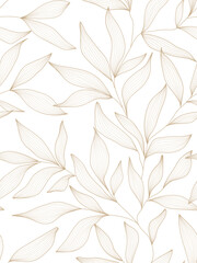 Seamless white and gold floral background with leaves. Hand drawn minimal abstract organic shapes pattern. Delicate vector white abstact pattern with gold leaves.