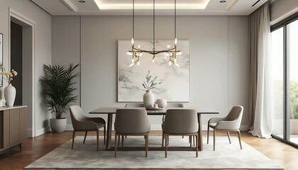 Elegant Modern Dining Room with Sleek Table, Upholstered Chairs, and Contemporary Chandelier