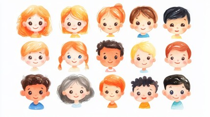 Cute cartoon human faces collection on white background. Cartoon faces set
