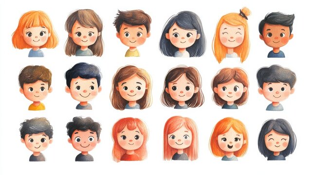 Cute cartoon human faces collection on white background. Cartoon faces set