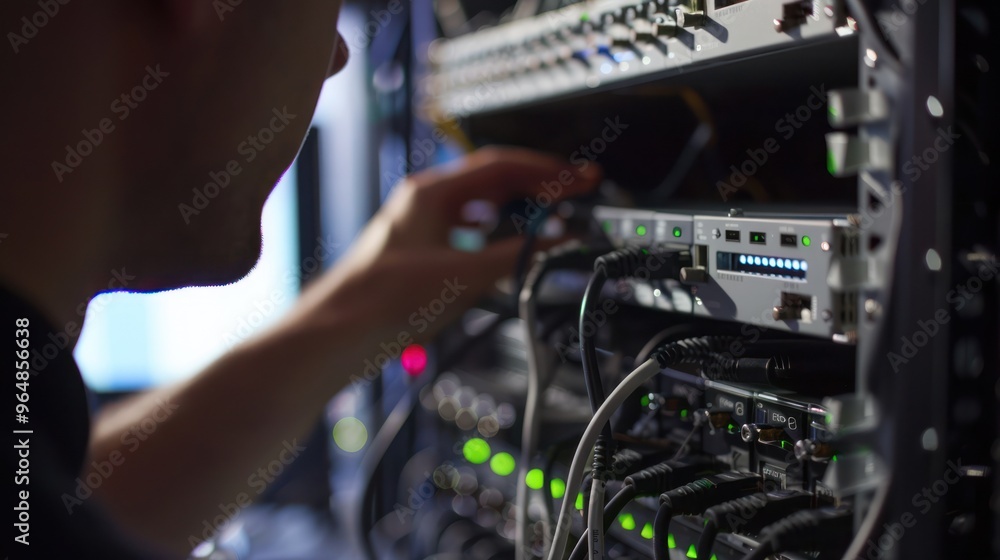 Poster network engineer working on a server rack