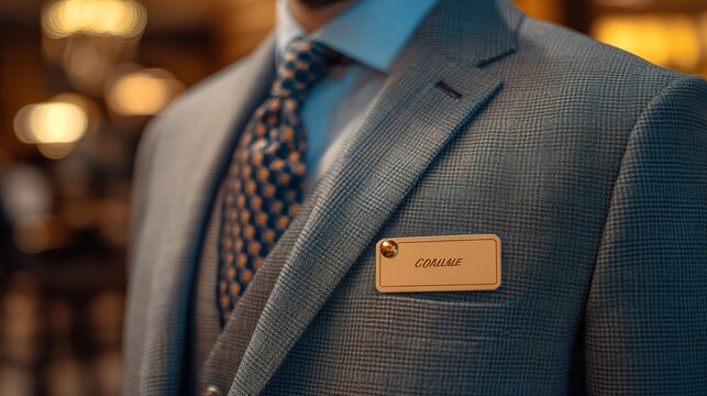 A close-up shot of a man's suit with a name tag